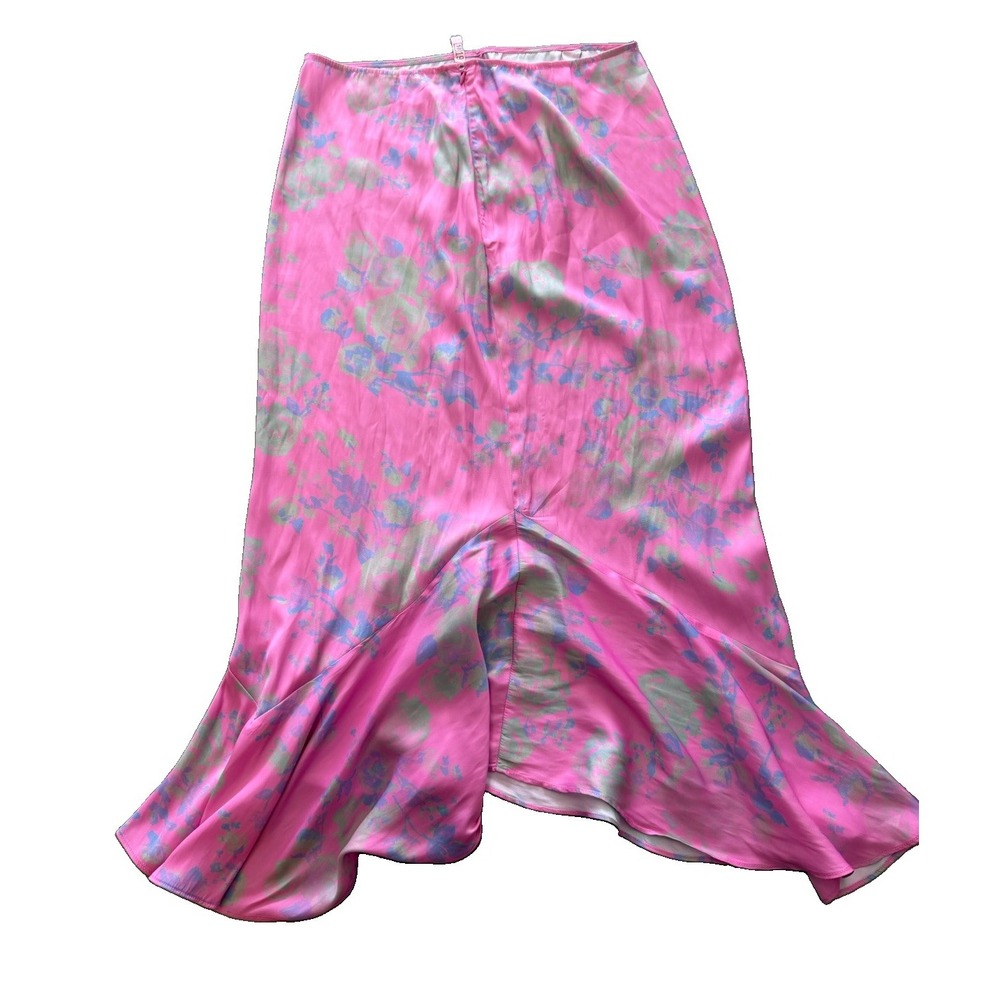 Free People Women's Pink Floral Satin Mermaid Maxi Skirt Ruffle Hem Size S